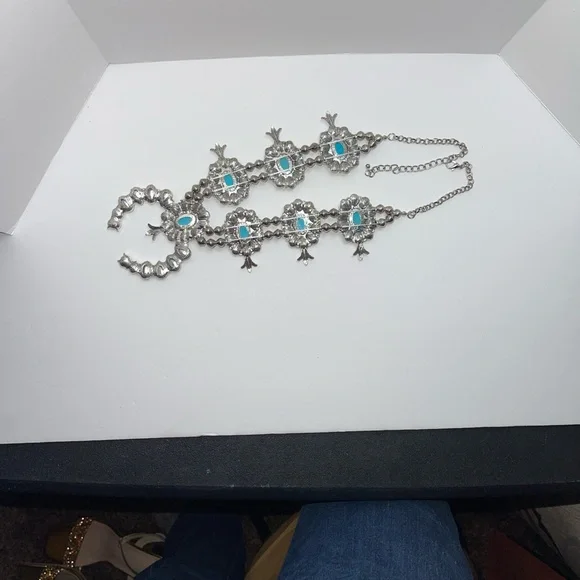 Silver tone squash blossom necklace with rhinestones & faux turquoise - Picture 10 of 13